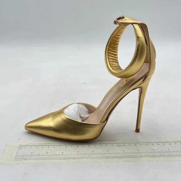 FSJ Gold Pointy Toe Stiletto Heels Evening Ankle Strap Zip Pumps - Picture 2 of 8